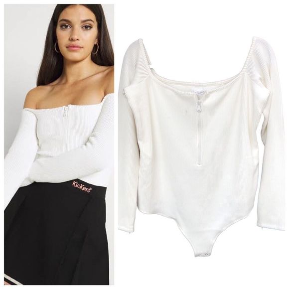 Good American Tops - Good American | Half Zip Ribbed Bodysuit NWT Ivory
